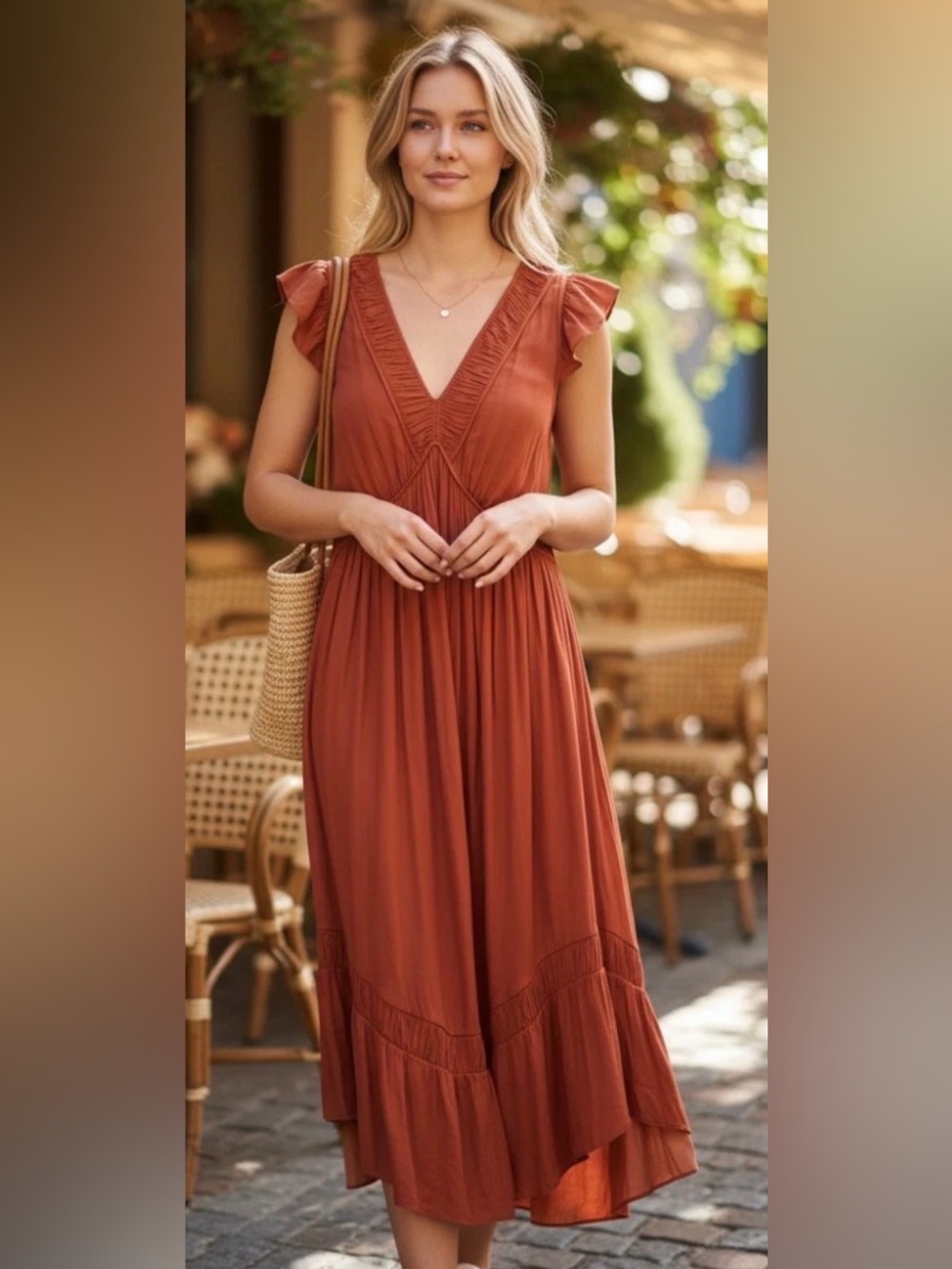 Rust V-Neck Flutter Sleeve Maxi Dress - Women